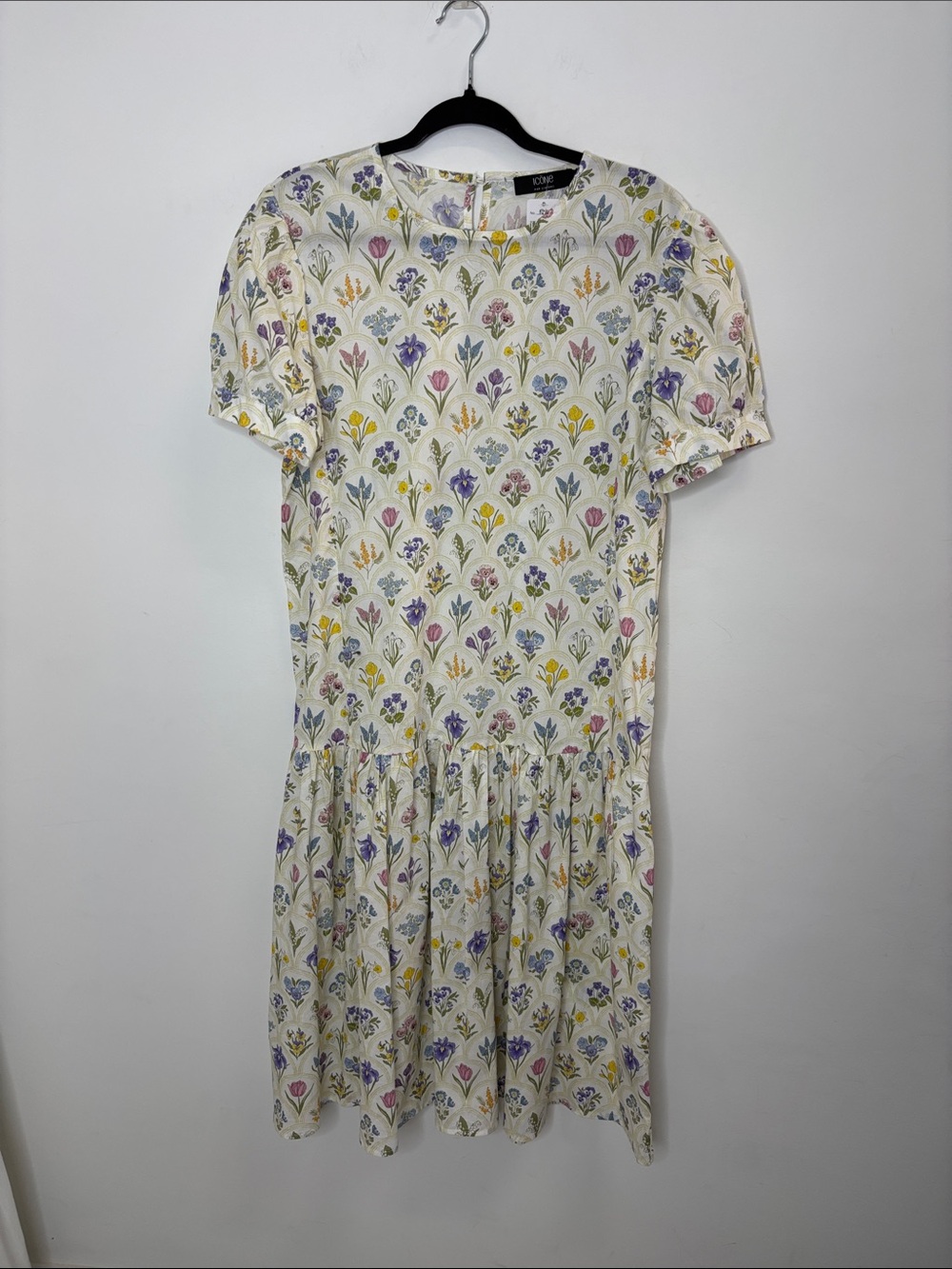 Floral Midi Drop-Waist Dress in Cream with Pastel Blooms